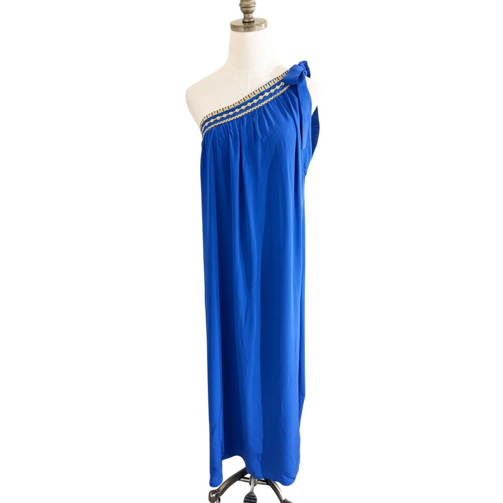 Etoile Coral Blue 100% Silk One Shoulder Maxi Dress Women's Size S/M Bow Detail